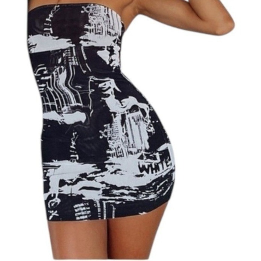 White Fox Get Closer Black / White Graphic Print Mesh Mini Tube Dress Size XL